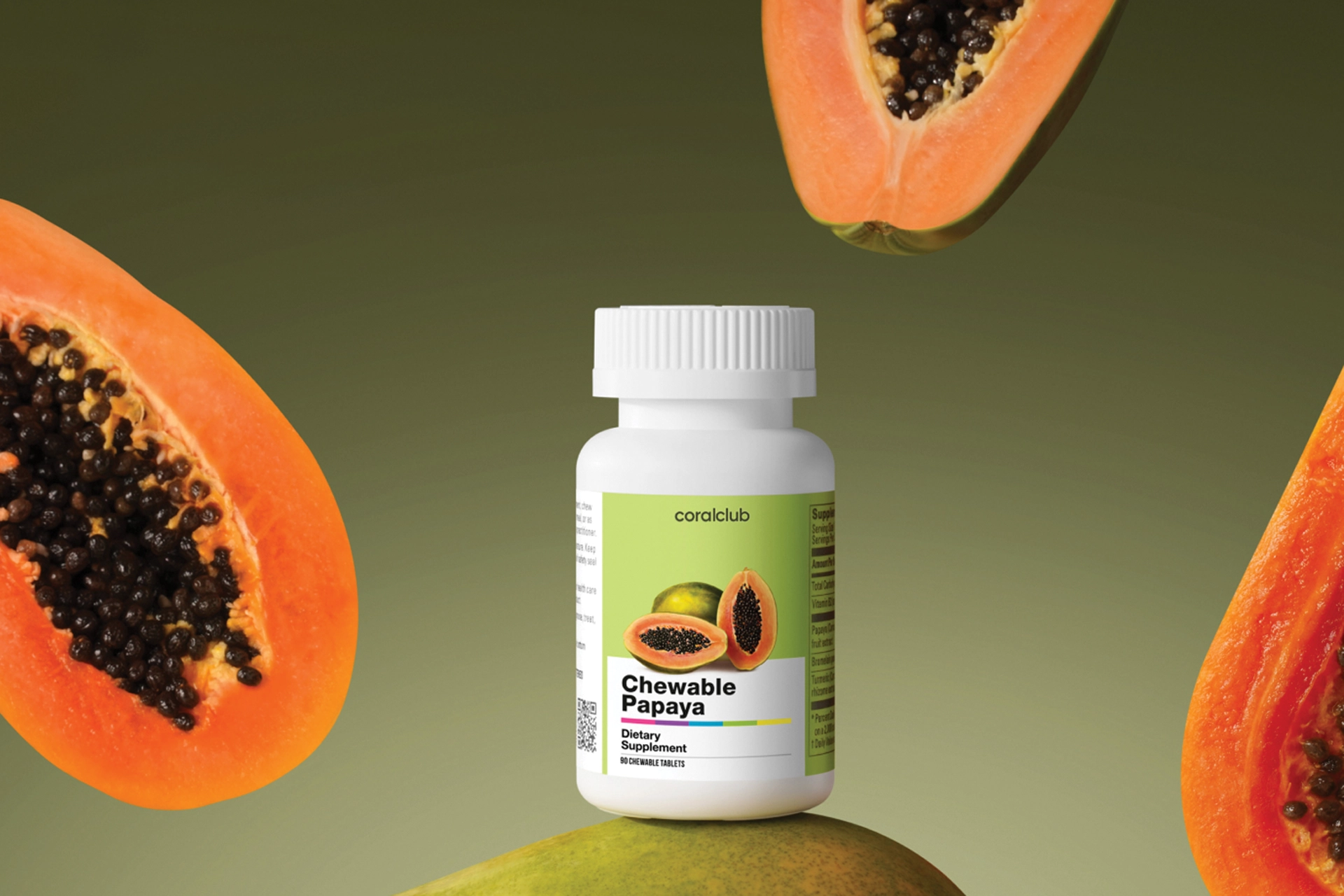 Chewable Papaya kurkuma kivonattal, bromelain enzimmel és B2 vitaminnal, étrend-kiegészítő rágótabletta, édesítőszerekkel